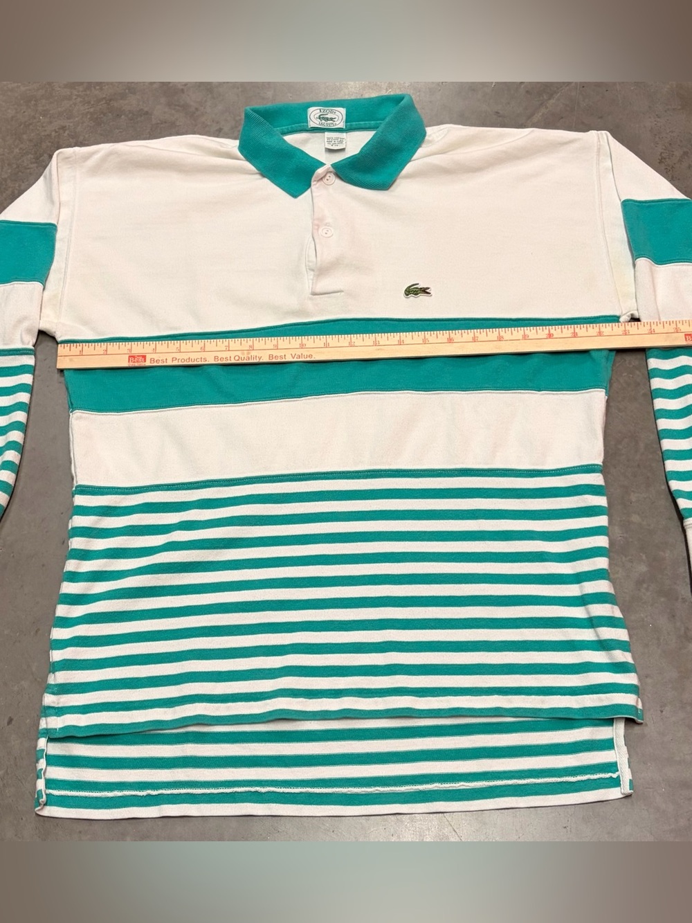 Lacoste Izod Vintage Mens White & Teal Striped Long-Sleeve Polo - Picture 3 of 5